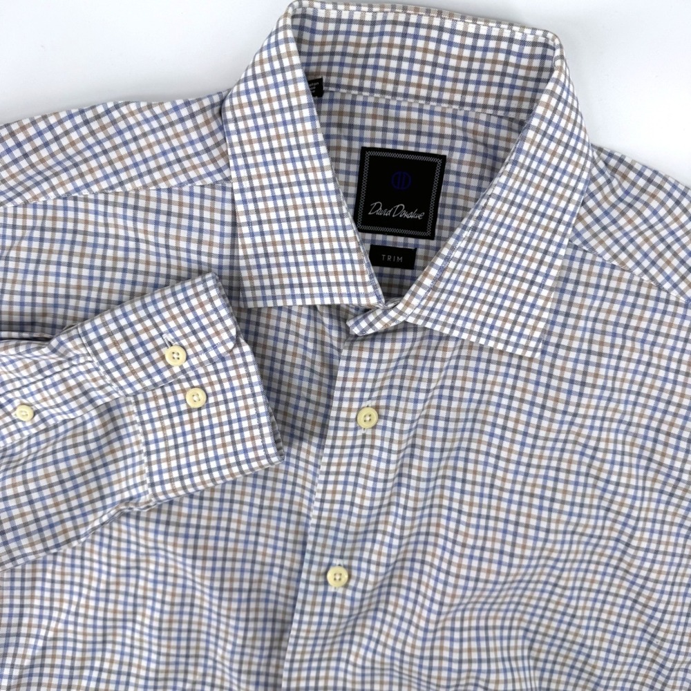 David Donahue Dress Button Up Shirt Sz 16 32/33 Blue Brown Check Trim Fit Cotton
